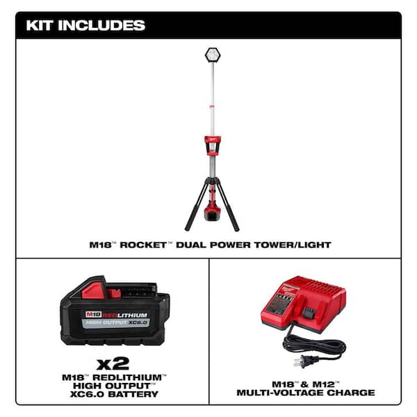 M18 18-Volt Lithium-Ion Cordless Rocket Dual Power Tower Light w/Two 6.0 Ah Battery and Charger