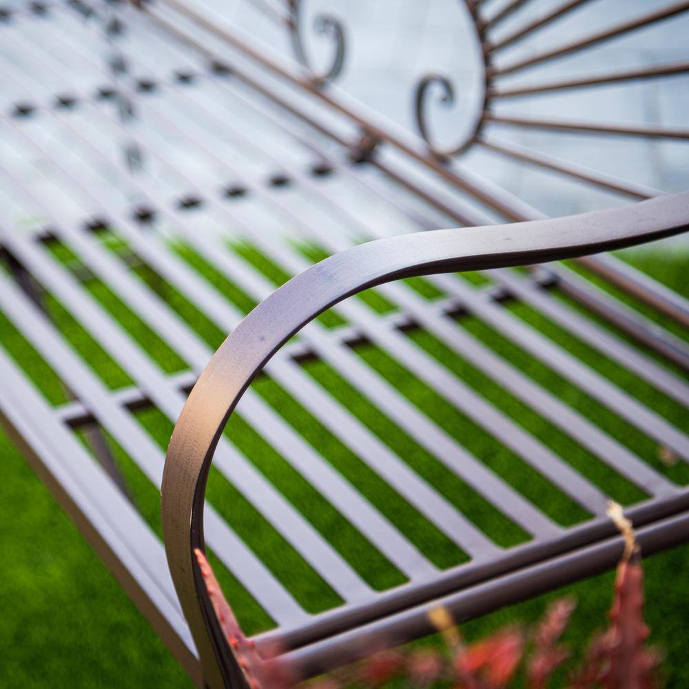 44-Inch Brown Iron Sun-Patterned Garden Bench