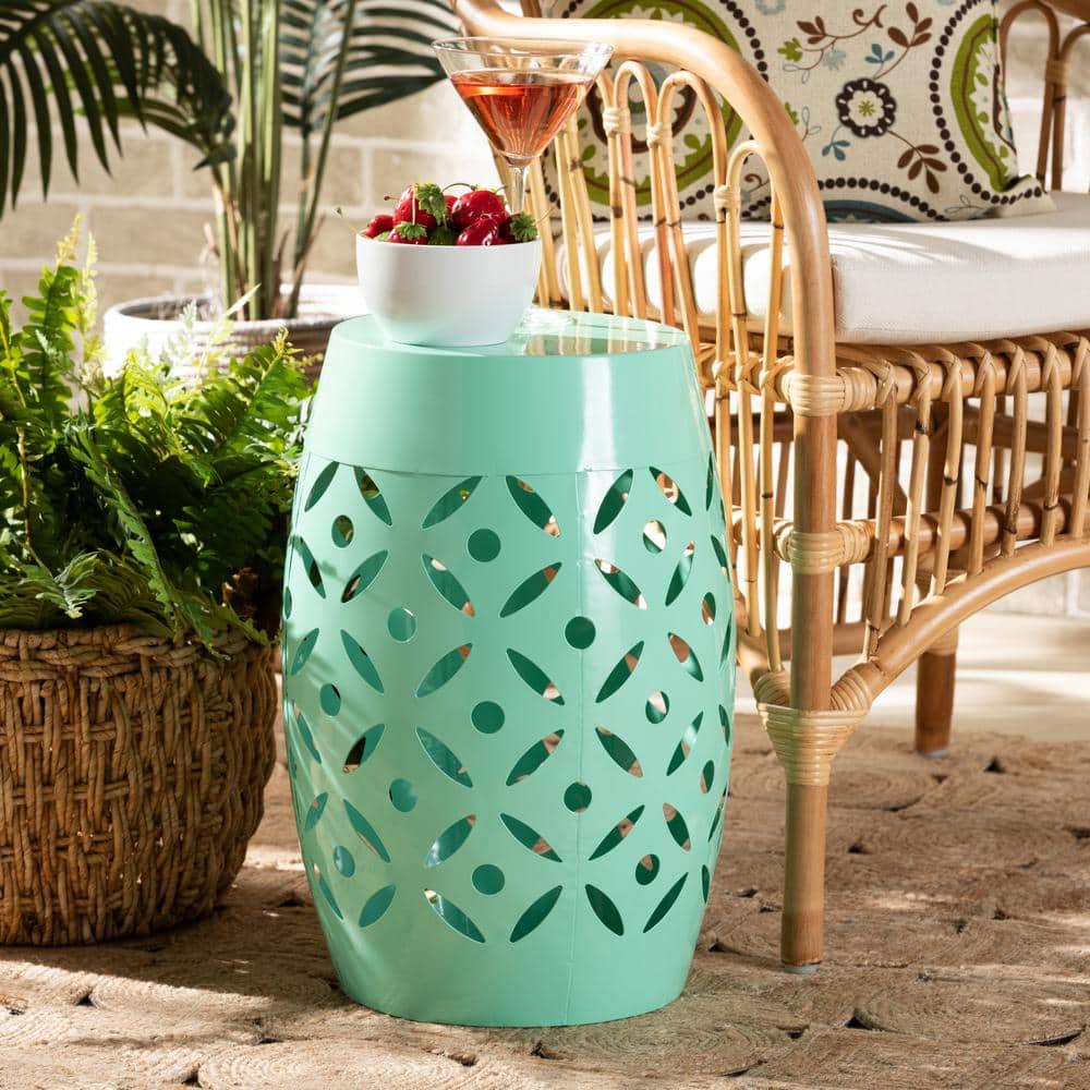 Aqua Blue Metal Barrel Outdoor Side Table with Cut-Out Design