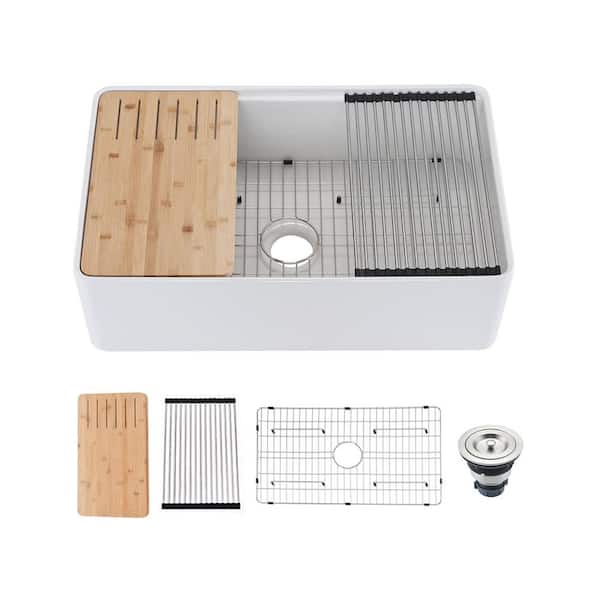 White Fireclay 30 in. Single Bowl Farmhouse Apron Workstation Kitchen Sink with Cutting Board, Bottom Grid, Strainer