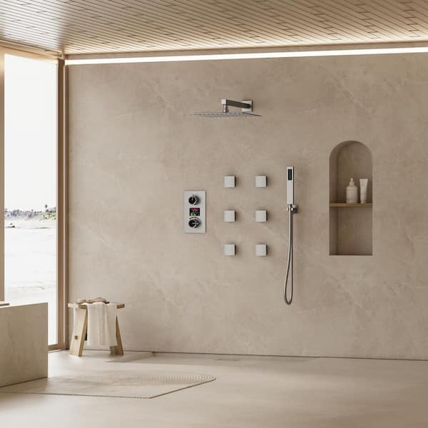 3-Spray Wall Mount Dual Shower Head Fixed and Handheld Shower Head with 6-Jets in Brushed Nickel(Valve Included)