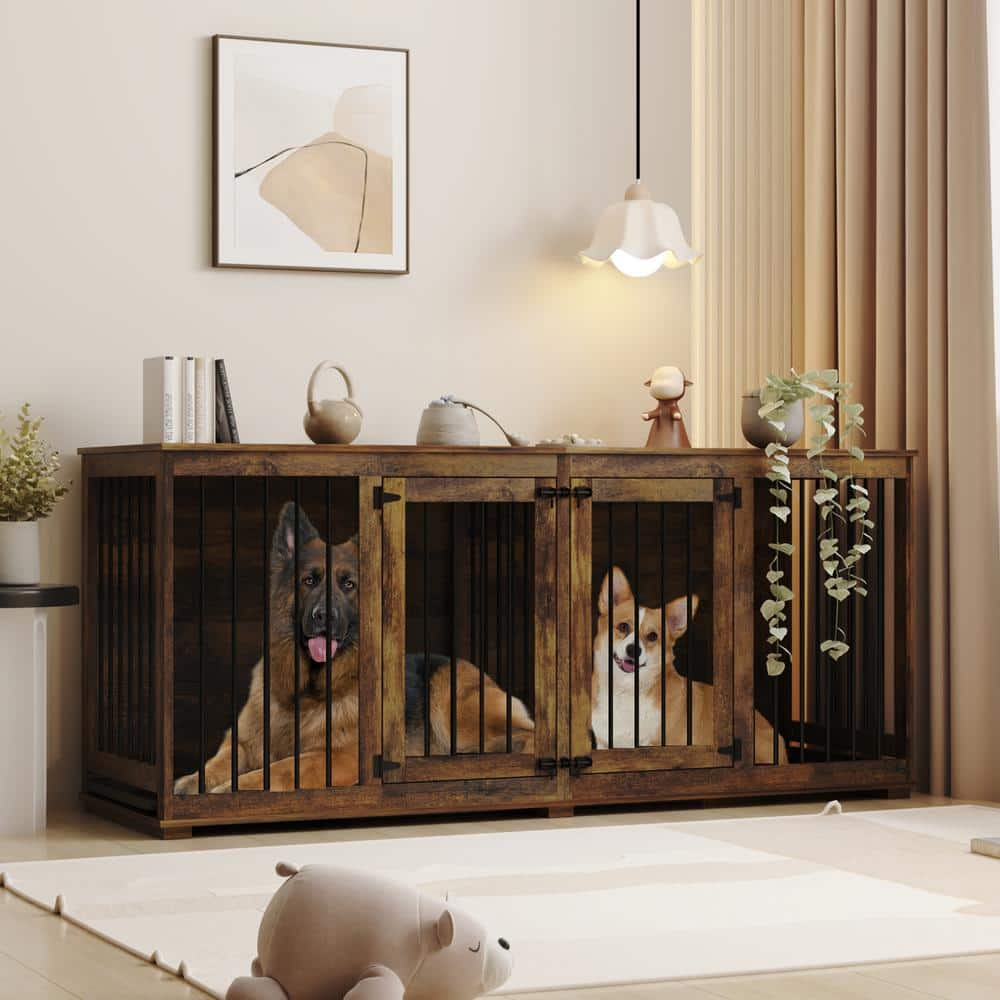 FUFU&GAGA Tiger Skin Dog Crate Furniture for 2 Dogs, XXL Heavy-Duty Wooden Dog Crate with Trays and Divider for Large Medium Dog