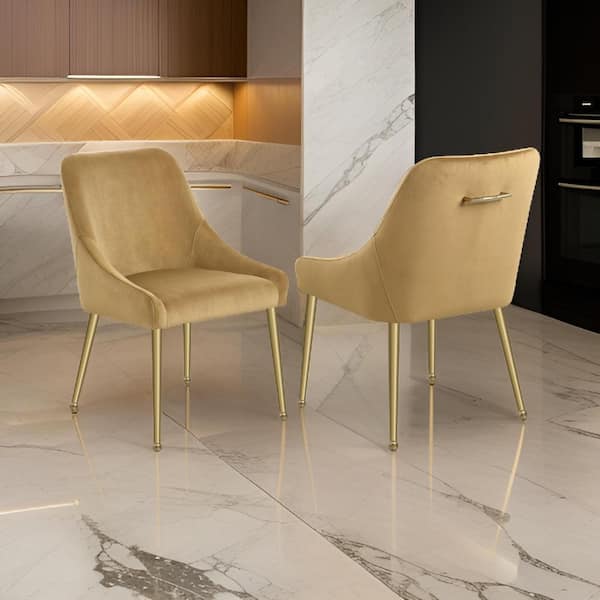 Benjara Cognac Brown and Brass Velvet Side Chair with Foam Padded Seating (Set of 2)