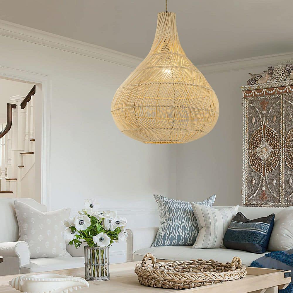 Roj 60W 20 in. 1-Light Gold Coastal Boho Rattan Pendant Light for Living Room, Bedroom with Natural Shade price history on PriceWatchPro