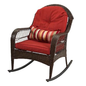 Brown Frame Metal Outdoor Rocking Chair, with Red Cushion All Weather Wicker Rocker Furniture for Backyard Patio, Garden