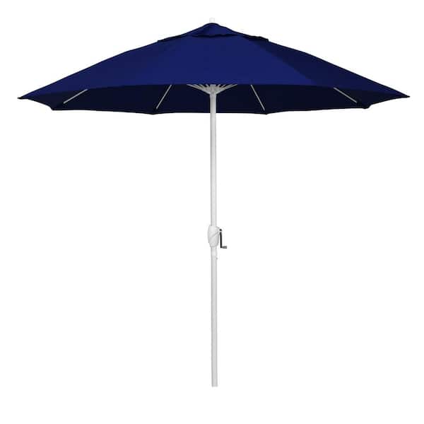 California Umbrella 9 ft. Matted White Aluminum Market Patio Umbrella Fiberglass Ribs and Auto Tilt in True Blue Sunbrella