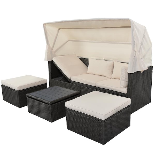 TIRAMISUBEST Gray Wicker Outdoor Sectional Seating and Rectangle Daybed with Retractable Canopy and Washable Beige Cushions