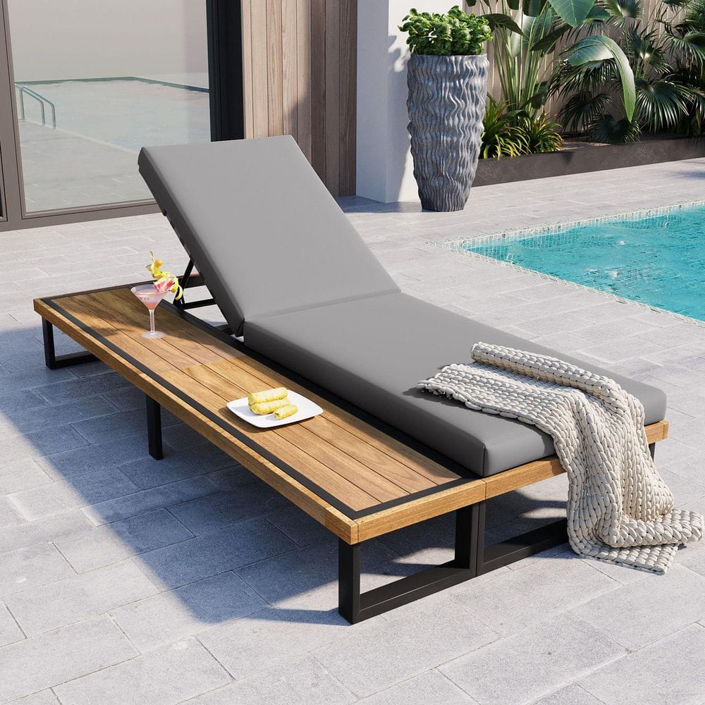 Wood Outdoor Patio Chaise Lounge Chair Reclining with Grey Cushion, Adjusta