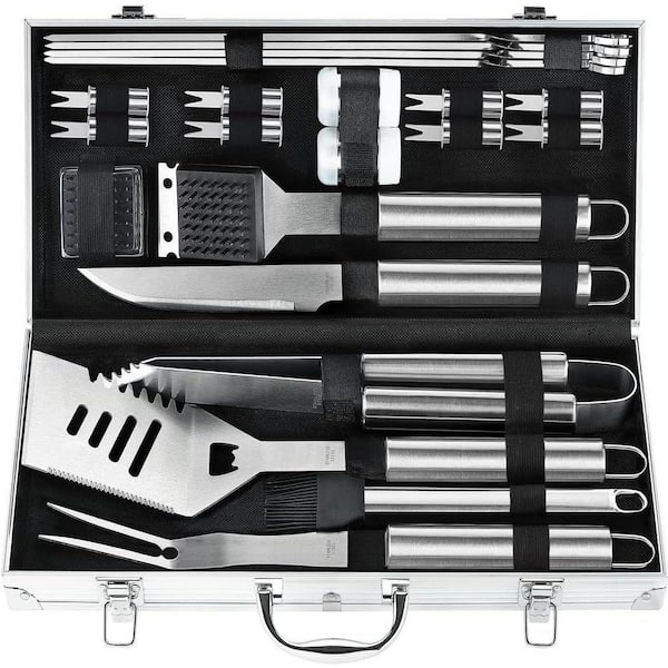 22Pieces Stainless Steel BBQ and Kitchen Grill Tools Set with Aluminum Storage Case in Silver