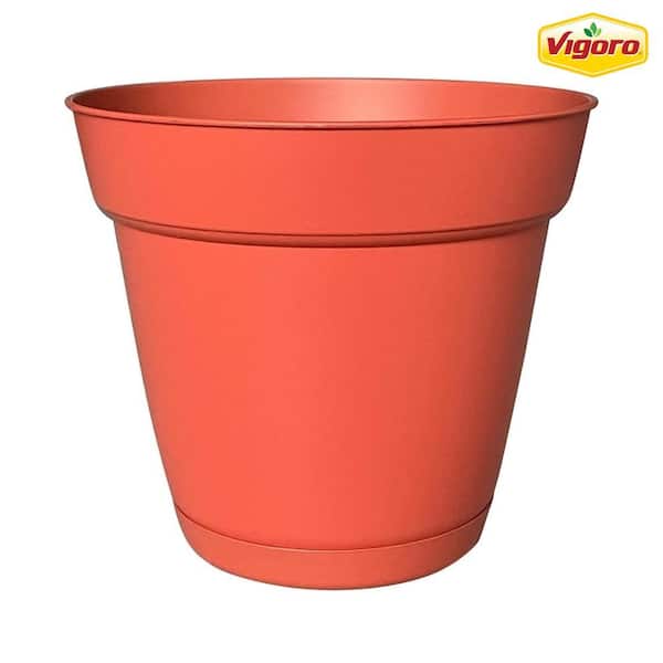 Vigoro 10 in. Bea Medium Orange Resin Planter (10 in. D x 8.9 in. H) With Drainage Hole and Attached Saucer