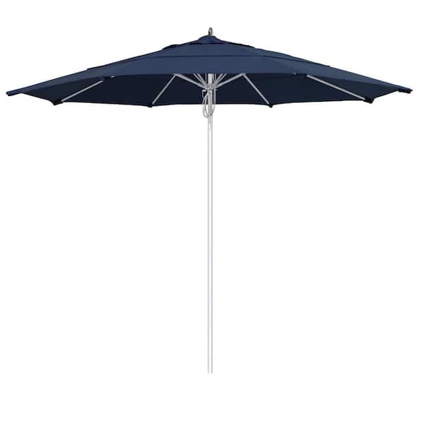 California Umbrella 11 ft. Silver Aluminum Commercial Market Patio Umbrella Fiberglass Ribs and Pulley lift in Spectrum Indigo Sunbrella