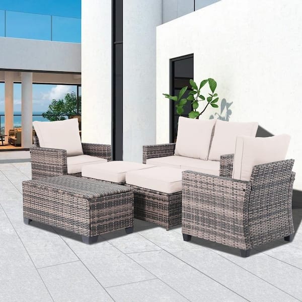 Decksplore 6-Piece Outdoor Patio Wicker Furniture Set with Storage Coffee Table and Beige Cushions