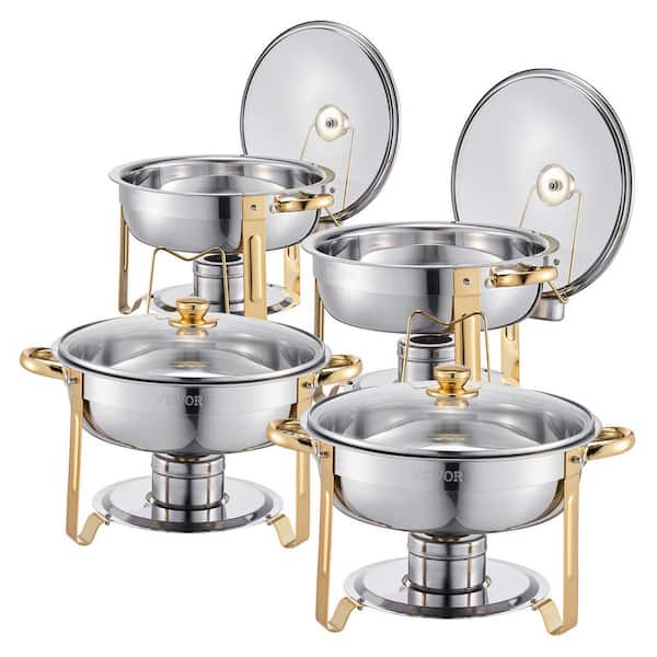 Chafing Dish Buffet Set, 5 Qt. 4 Pack, Stainless Steel Dish Chafer with 4 Full Size Pan, Round Catering Warmer, Gold