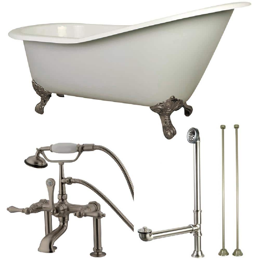 Slipper 5 ft. Cast Iron Clawfoot Bathtub in White with Faucet Combo in Sati