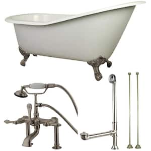 Slipper 62 in. Cast Iron Clawfoot Bathtub in White with Faucet Combo in Brushed Nickel