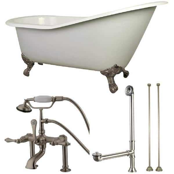 Aqua Eden Slipper 62 in. Cast Iron Clawfoot Bathtub in White with Faucet Combo in Brushed Nickel