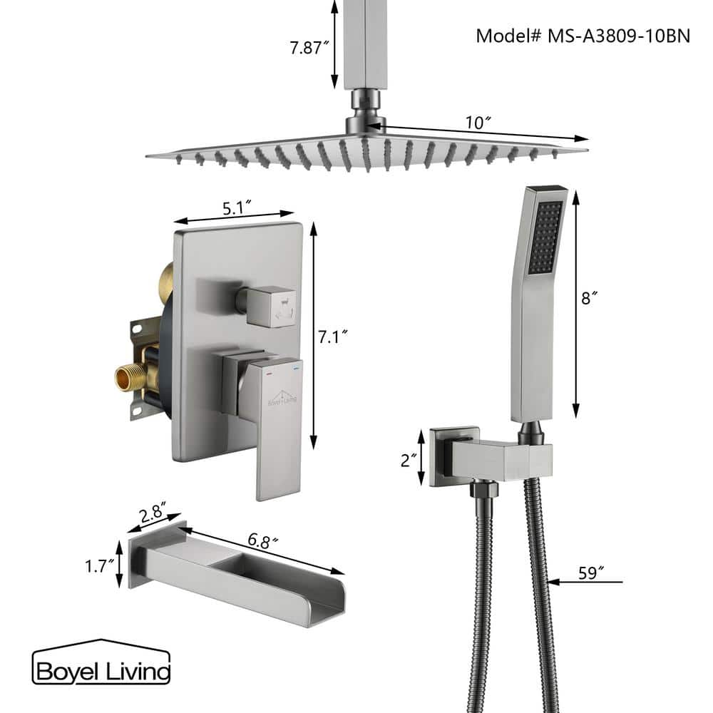 Brushed Nickel 10-Inch Ceiling Mount Rain Shower System with Handheld