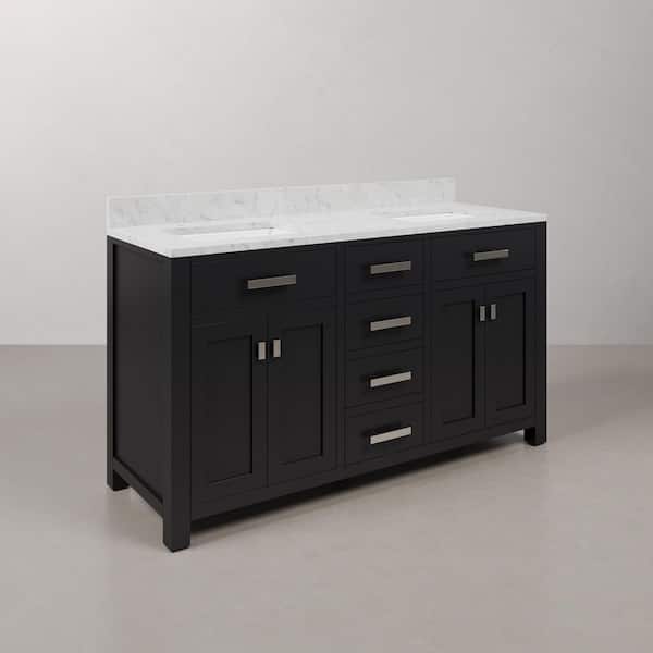 Madison 60 in. W x 21.5 in. D x 34 in. H Double Sink Bath Vanity in Espresso with Carrara White Marble Top