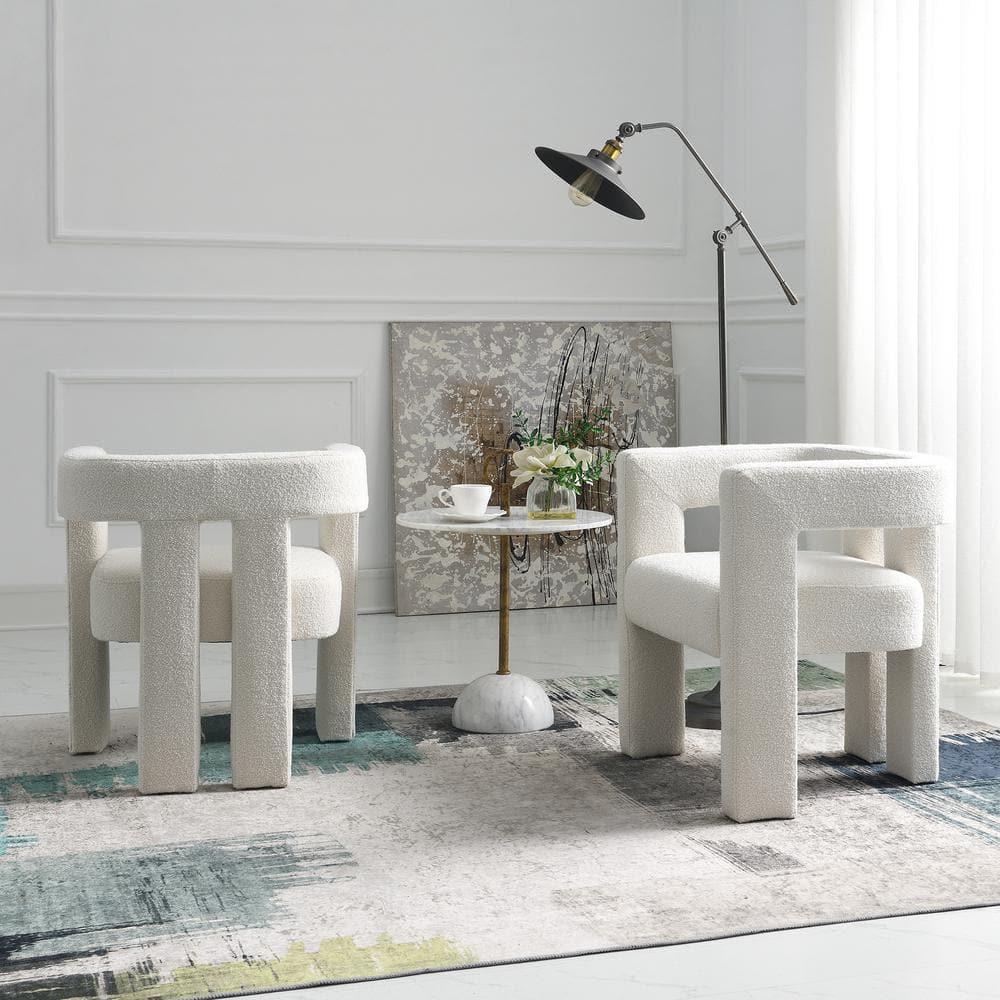 Beige Boucle Upholstered Square Arm Accent Chairs, Set of 2
