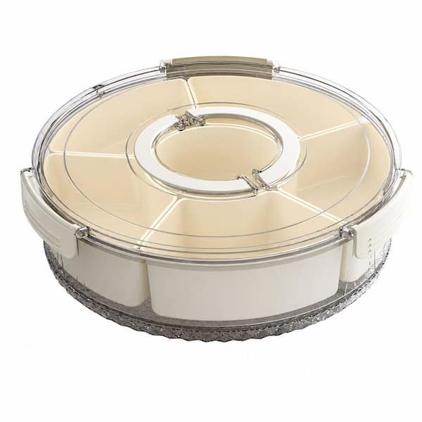 12 in. W x 3.9 in. H x 12 in. D Divided Veggie Tray with Lid and Handle, Portable and Spinning Container, Plastic, White