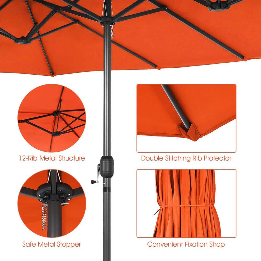 15ft Orange Double-Sided Steel Patio Umbrella with Hand Crank