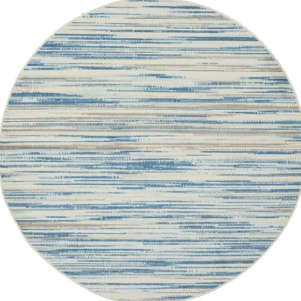 5 ft. Round Blue Striped Washable Area Rug