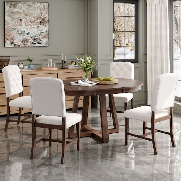 Oakshire 5-Piece Round Walnut Finish MDF Wood Top Extendable Dining Table Set with Chairs, 4 Seats