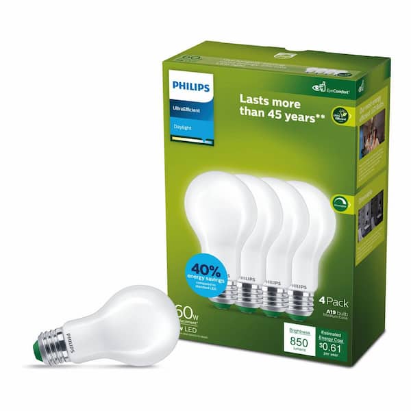 60-Watt Equivalent A19 Ultra Efficient Frosted LED Light Bulb 5000K 4-Pack