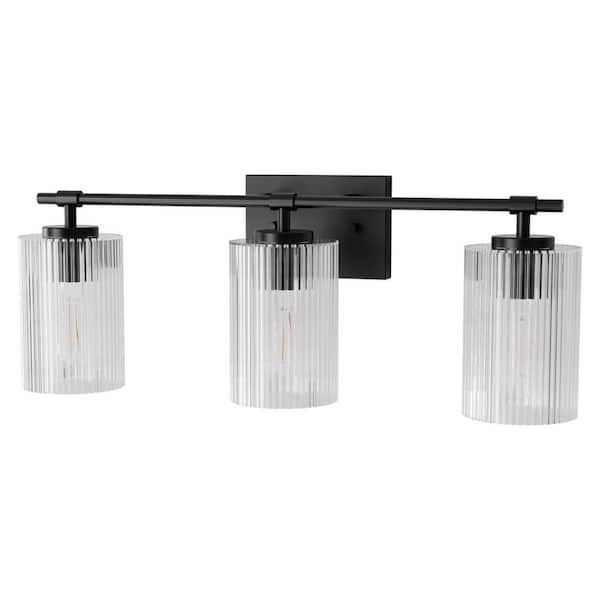 23.6 in. 3 Light Black Vanity Light with Striped Milky White Cylindrical Shade and Trumpet Sockets for Bathroom E26 Base