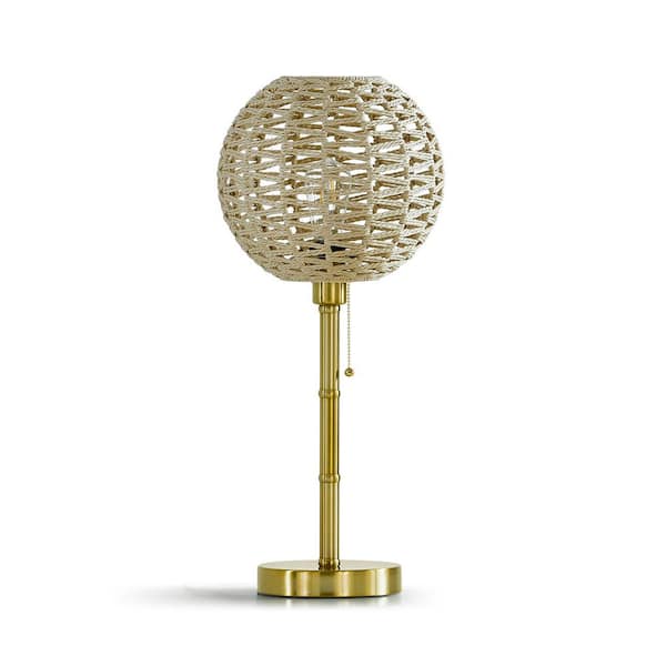 HomeGlam Kyoto 26 in. Brushed Brass Metal Table Lamp with Rattan Shade