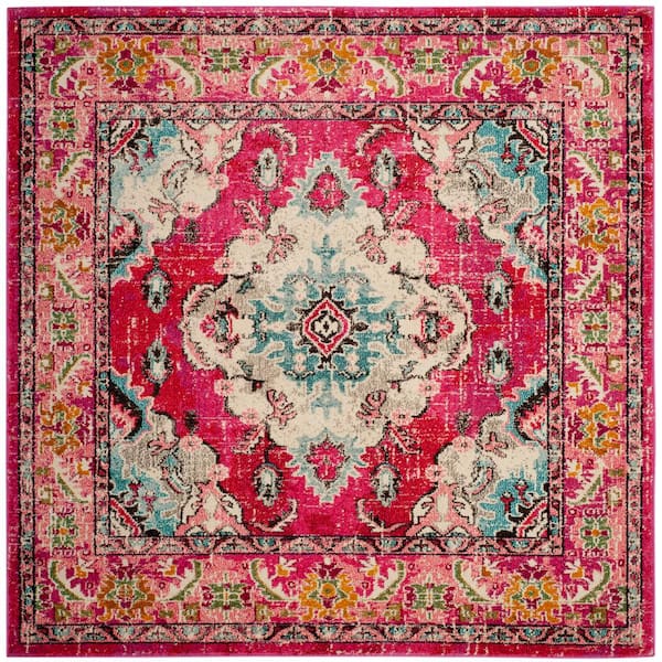 Monaco Pink/Multi 5 ft. x 5 ft. Distressed Border Medallion Square Area Rug