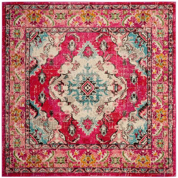 SAFAVIEH Monaco 8 ft. x 8 ft. Pink/Multi Distressed Border Medallion Square Area Rug