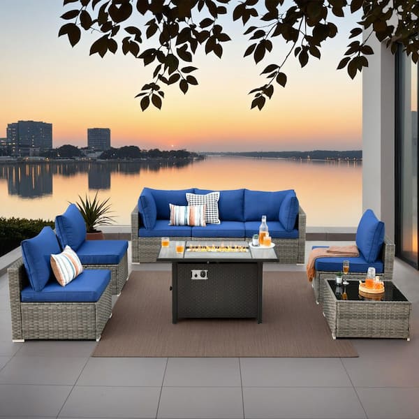 Sanibel Gray 8-Piece Wicker Patio Conversation Sofa Sectional Set with a Metal Fire Pit and Navy Blue Cushions