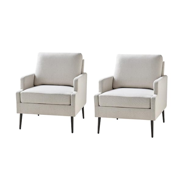 JAYDEN CREATION Daniel Beige Polyester Arm Chair with Chenille Thin-Notched Armrest and Tapered Metal Legs (Set of 2)