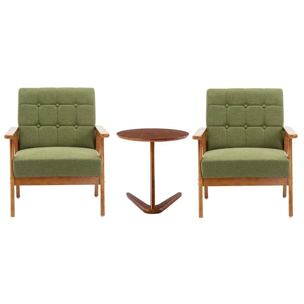 HOMEFUN Mid-Century Retro Green Linen Upholstered Tufted Back Accent Chairs with Side Table