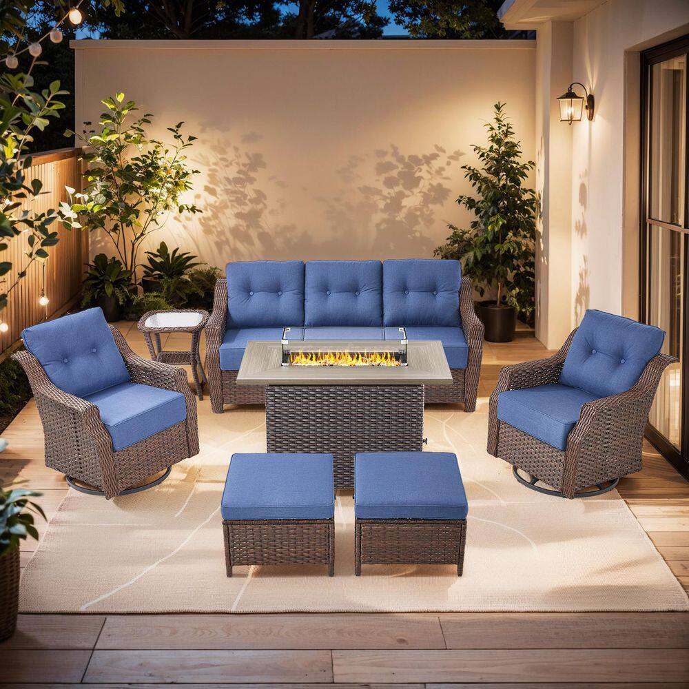 Modern Farmhouse 7-Piece Brown Wicker Fire Pit Conversation Set with 6 in. Blue Cushions and Patio Swivel Chairs price history on PriceWatchPro