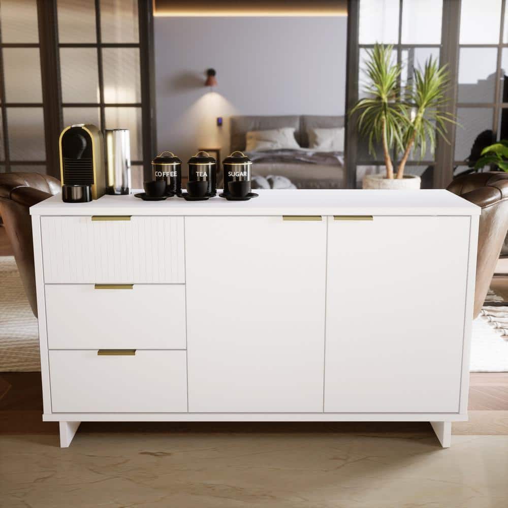 Granville 55" White Modern Buffet Sideboard with Ribbed Drawers