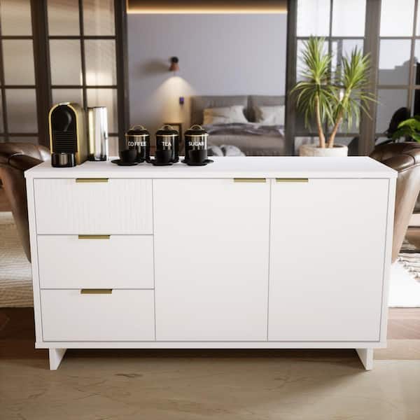 Manhattan Comfort Granville Modern White MDF Wood 55.04 in. Sideboard with 3-Storage Shelves and 3-Drawers
