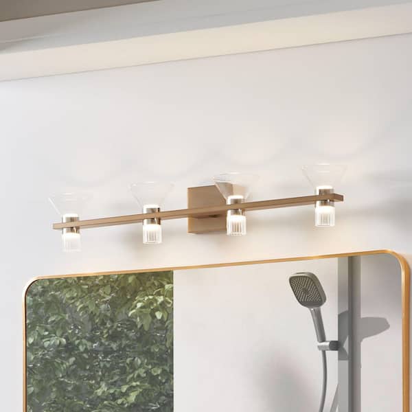 Blake 35-inch 8-light Champagne Gold and Polished Nickel 5CCT LED Vanity Light with Clear and Clear Ribbed Glass