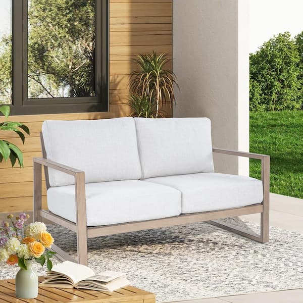 PEAK HOME FURNISHINGS Hamarto Aluminum Outdoor Loveseat with Warm White Cushions (1-Piece)