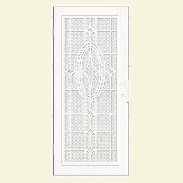 Unique Home Designs 32 in. x 80 in. Modern Cross White Left-Hand Surface Mount Aluminum Security Door with White Perforated Screen