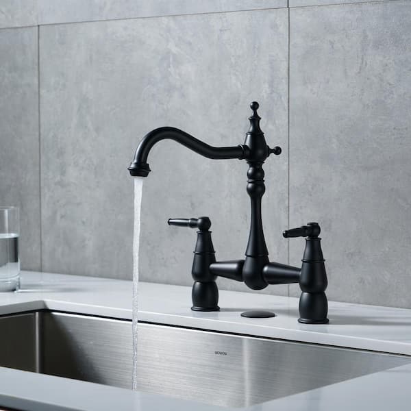 Double-Handle Bridge Kitchen Faucet Deck-Mount, 2 Hole Brass Kitchen Sink Faucet in Matte Black