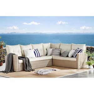 Canaan Beige All-Weather Wicker Outdoor Large Corner Sectional Sofa with Cream Cushions