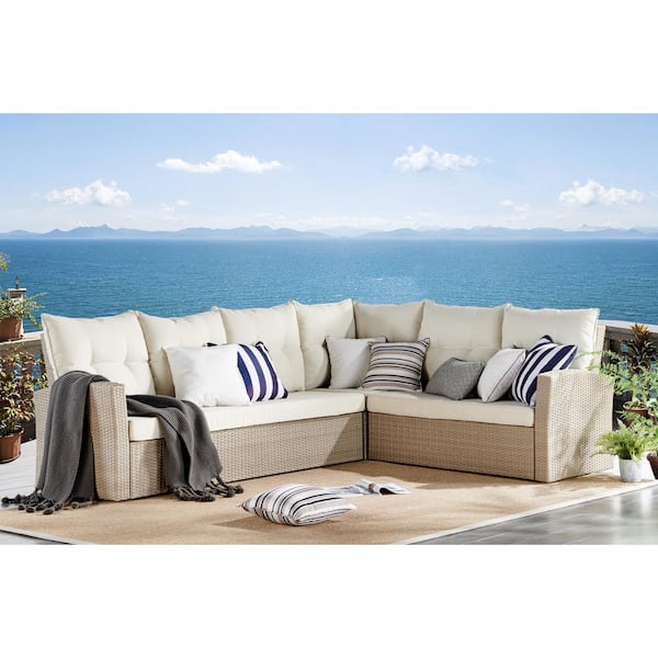 Alaterre Furniture Canaan Beige All-Weather Wicker Outdoor Large Corner Sectional Sofa with Cream Cushions