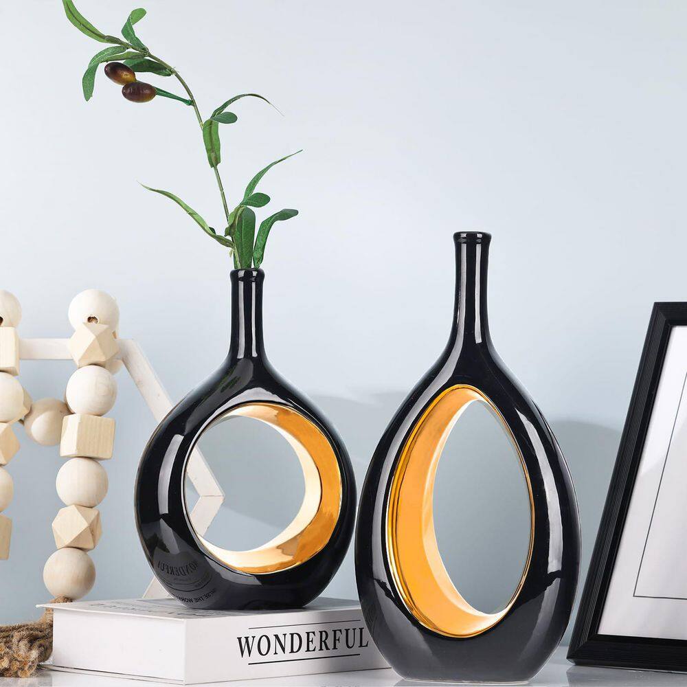 Black Gold Ceramic Vase Set 2, Modern Hollow Circle with Hole Flower ...