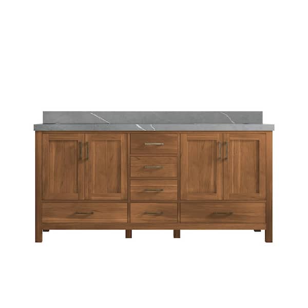Willow Collections Malibu Teak 72 in. W x 22 in. D x 36 in. H Double Sink Bath Vanity in Gold Teak with 2" Piatra Quartz Top