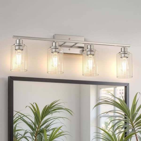 32 in. 4-Light Brushed Nickel Industrial Bathroom Vanity Light with Clear Glass Shades, Wall Mount Over Mirror Light