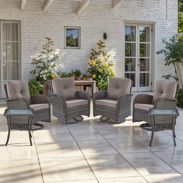 Sleek Arm 6-Piece Brown Wicker Patio Conversation Set with Olefin Gray Cushions Patio Swivel Chairs and Side Table