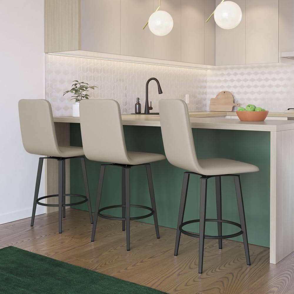 Greige Faux Leather Swivel Counter Stool with Black Metal Frame