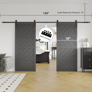 72 in. x 84 in.（Two 36 in. Slabs）Black 4 Lite Wave Shape Prefinished Sliding Barn Door with Hardware Kit